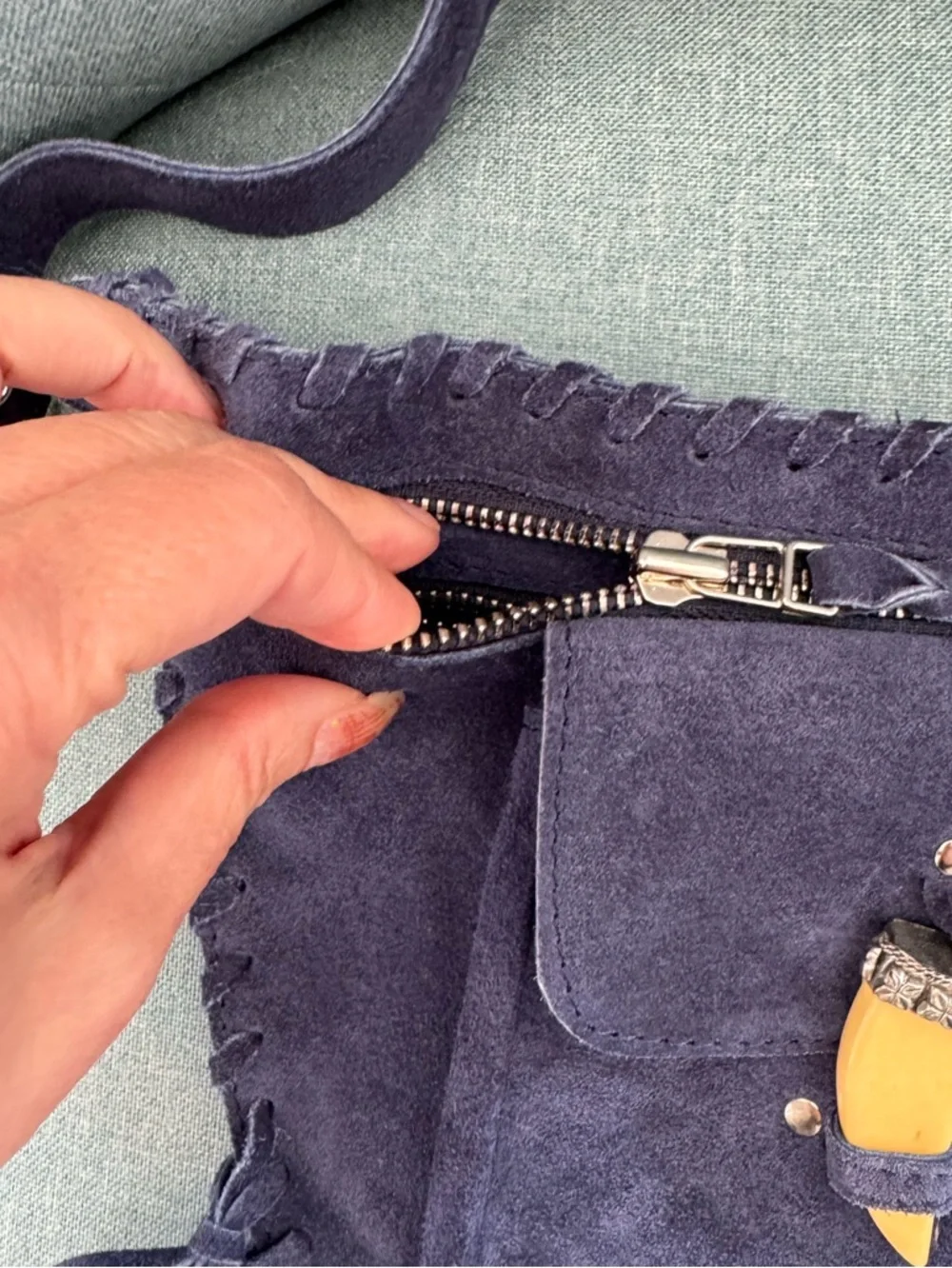 Suede Fringe Waist Bag in Deep Navy - Picture 3 of 3